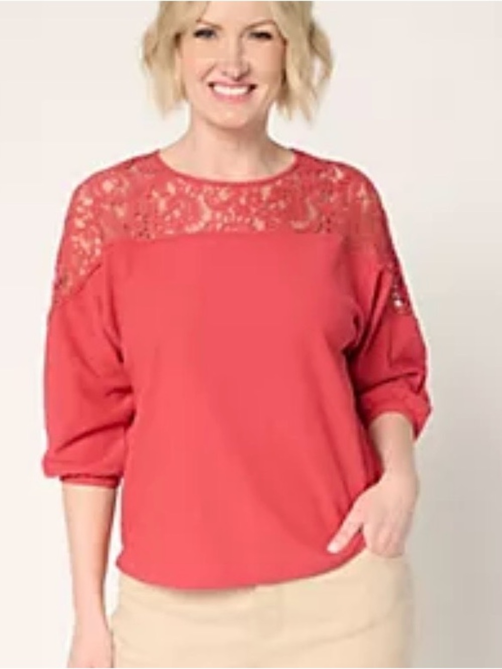 Women's Coral Lace Yoke 3/4 Sleeve top